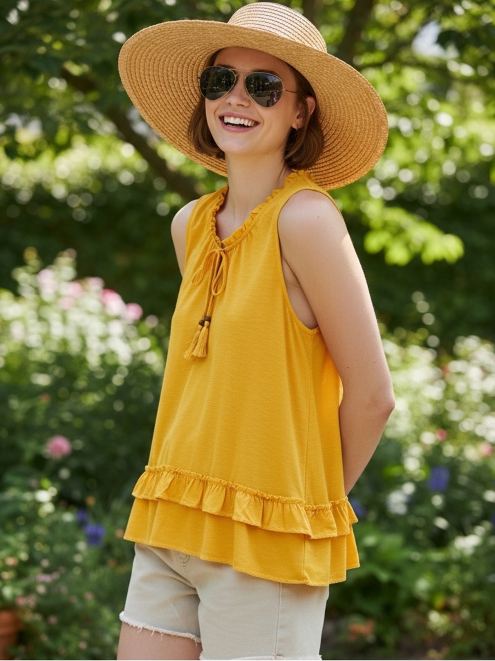 Democracy Ruffle Tassel Tank Top in Saffron Color NWT Size L